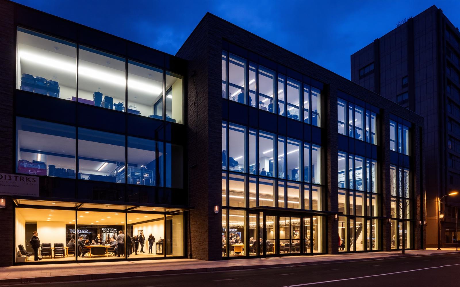 Modern commercial property in Oakville at dusk