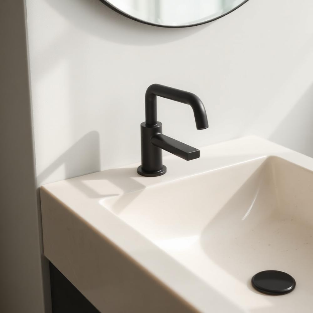 Modern matte black faucet on a cream basin