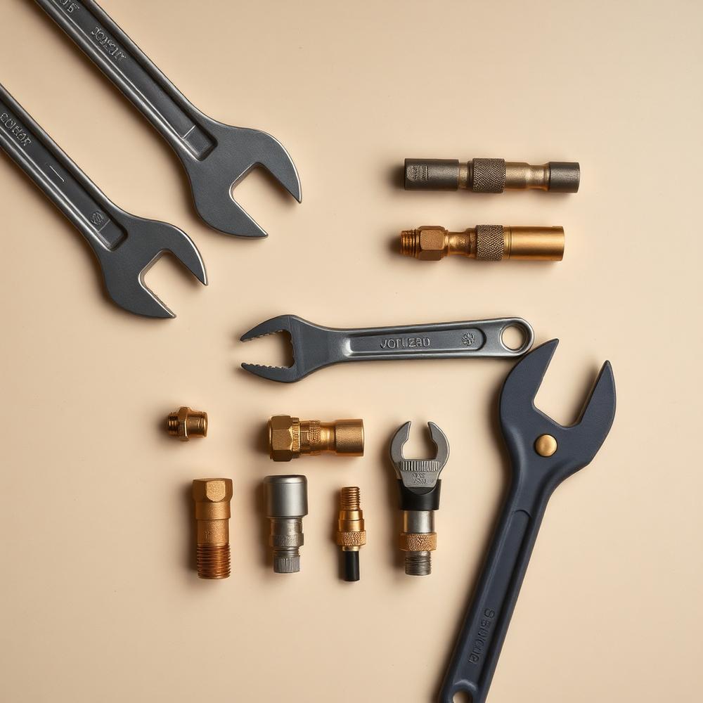 Plumbing wrenches and brass fittings arranged on a beige surface